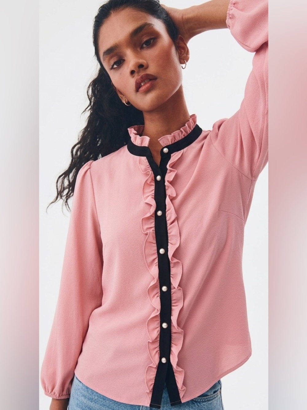 Faith & Joy by Monteau S pink blush pearl button ruffle front coquette blouse